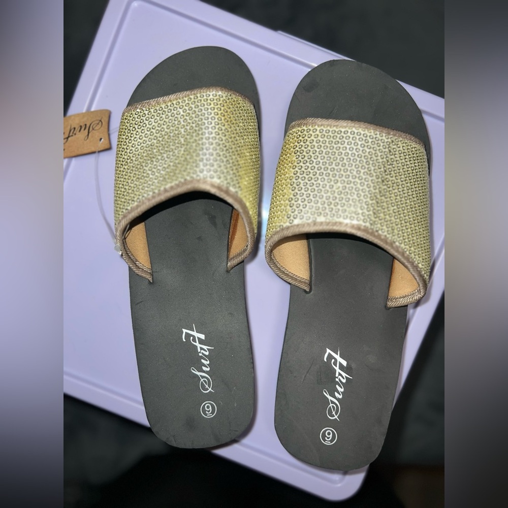 Gold Sequin Wedge Sandals- Size 9